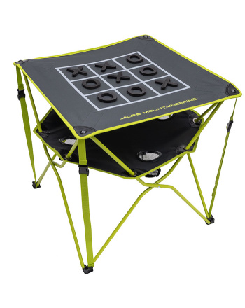 Eclipse Table w/Tic-Tac-Toe - Charcoal/Citrus - Top / front quarter view of table showing lower table level with built-in beverage holders