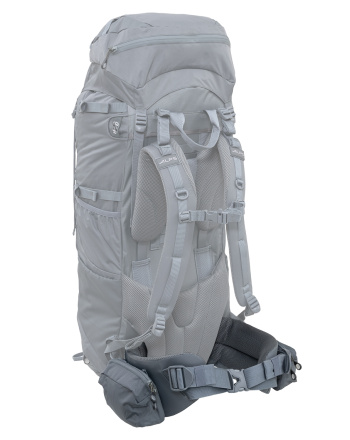 Caldera 75 Waist Belt - Gray - Back profile of bag ghosted out with waist belt featured