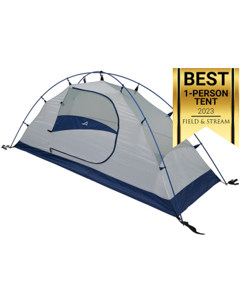 Lynx 1 - Gray/Navy - Quarter front profile no fly with "Best 1-Person Tent" 2023 award from Field & Stream